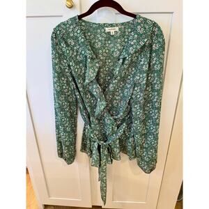Green Floral Wrap Blouse with Tie Waist Size XL